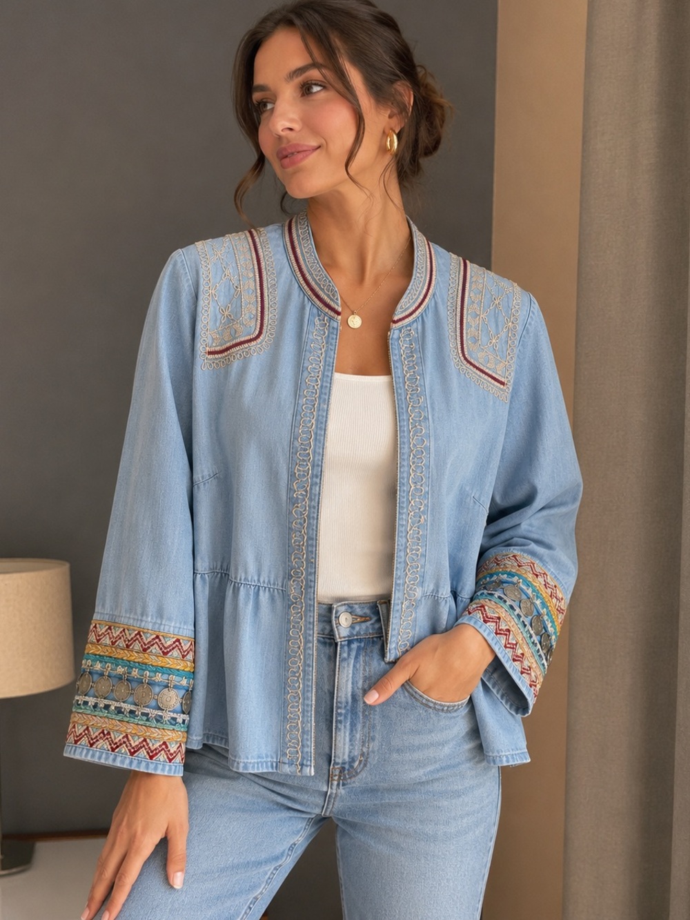 Chico’s Embroidered Boho Tencel Peplum Top Blue Petite XS